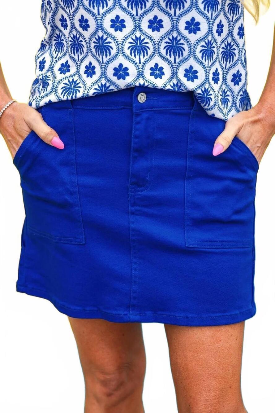 NEW JESS LEA sadie cargo denim skirt in royal blue
